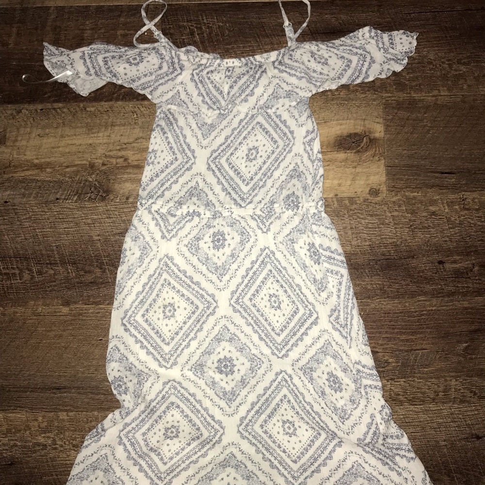 White and blue cold shoulder dress.